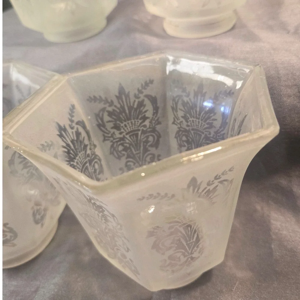Art Deco Frosted‎ Etched Glass Lamp Shades Set of 4 Hexagonal Vintage 1930s